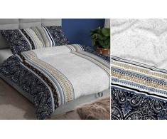 Satino patalynės komplektas 160x200, tamsiai mėlynos ir pilkos spalvos ornamentinis dizainas, užtrauktukas, minkšta medvilninė patalynė, raštuotas patalynės komplektas, miegamojo tekstilė