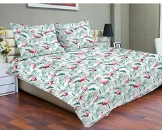 Patalynės komplektas Matex Patalynė atlasas 220x200 15A Premium flamingų palmių lapai mėtų rožinės spalvos