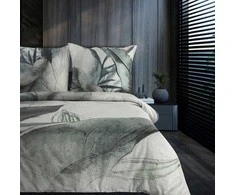 Eurofirany Medvilninio satino patalynės komplektas, 220x200 cm antklodės užvalkalas su lapų raštu, šviesiai pilka ir mėtų žalia, 3 dalių rinkinys, miegamojo tekstilė