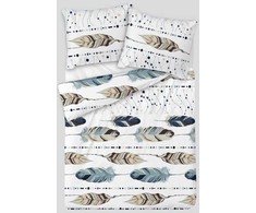 Medvilninio satino patalynės komplektas 220x200 cm, balta smėlio mėlyna spalvos, plunksnų raštas, 3 dalių rinkinys su užtrauktuku, OEKO-TEX miegamojo tekstilė