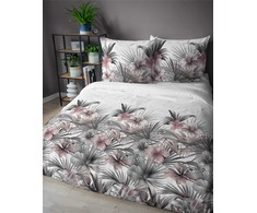 Atlasinės patalynės komplektas, 220x200 cm, baltas su palmės lapais ir rožiniais hibiskais, tropinio stiliaus, 100% medvilnės patalynė, minkštas ir lygus patalynės komplektas, miegamojo patalynė