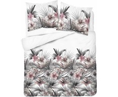 Atlasinės patalynės komplektas, 220x200 cm, baltas su palmės lapais ir rožiniais hibiskais, tropinio stiliaus, 100% medvilnės patalynė, minkštas ir lygus patalynės komplektas, miegamojo patalynė