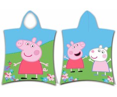 Poncho vaikams 50x115 Świnka Peppa Pig 7612 ręcznik su kapturem łąka kwiatki mėlyna žalia