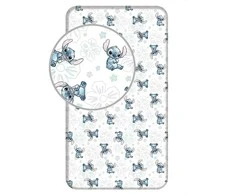Prześcieradło bawełniane su gumką 90x200 Lilo I Stitch Ohana balta mėlyna vaikams JF24