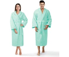Medvilninis kilpinis chalatas, unisex viešbučio stiliaus, 450 g/m² tankis, iki kelių su kišenėmis, juosmens diržas, mėtų spalva, minkštas vonios chalatas