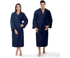 Unisex medvilninis frotinis chalatas, 450 g/m², ilgis iki kelių su kišenėmis, tamsiai mėlynas viešbučio stiliaus chalatas, vonios apranga