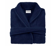 Unisex medvilninis frotinis chalatas, 450 g/m², ilgis iki kelių su kišenėmis, tamsiai mėlynas viešbučio stiliaus chalatas, vonios apranga