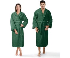 Medvilninis kilpinis chalatas, unisex viešbučio stiliaus chalatas, 450 g/m² tankis, ilgis iki kelių su kišenėmis, butelio žalumo spalva, minkštas vonios chalatas