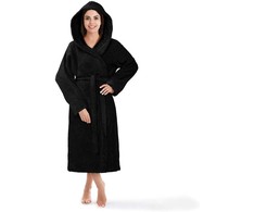 Medvilninis frotinis chalatas su gobtuvu, unisex viešbučio stiliaus, 450 g/m², iki kelių, juodas, su kišenėmis ir diržu, minkštas namų drabužis