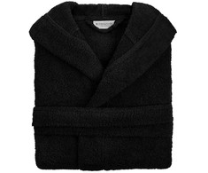 Medvilninis frotinis chalatas su gobtuvu, unisex viešbučio stiliaus, 450 g/m², iki kelių, juodas, su kišenėmis ir diržu, minkštas namų drabužis