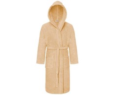 Medvilninis kilpinis chalatas su gobtuvu, unisex viešbučio stiliaus, 450 g/m² tankis, chalatas iki kelių su kišenėmis ir diržu, smėlio spalvos sugeriantis medvilninis chalatas, minkštas namų drabužis