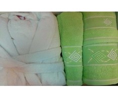 Rankšluostis Baltas medvilninis kilpinis chalatas, XL, 500g/m², su 3 žaliais siuvinėtais rankšluosčiais, 30x50 cm, 50x90 cm, 70x140 cm, gerai sugeria vandenį, šoninės kišenės, klasikinis dizainas, vonios rinkinys