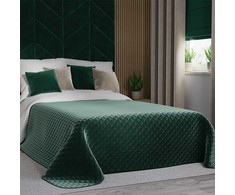 Smaragdinės žalios spalvos dekoratyvinis užtiesalas, 220x240 cm, geometrinis dygsniuotas raštas, karšto spaudimo technika, aksominis apvadas, poliesterio lovos užtiesalas, minkšta lovatiese