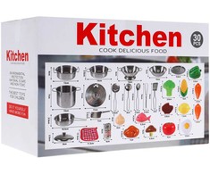 Ramiz Mega virtuvės rinkinys vaikams 3+ Metaliniai puodai + Virtuvės įrankiai + Maisto produktai 30 vnt.