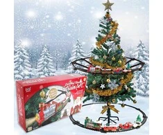Kalėdinis traukinys ant eglutės su šviesomis ir Merry Christmas garsu