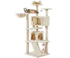 🐱 Daugiaaukštė kačių draskyklė 146 cm su nameliais – smėlio spalvos (Nemokamas pristatymas)