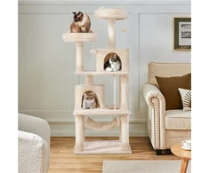 🐱 Didelė kačių draskyklė su hamaku – smėlio spalvos 158 cm (Nemokamas pristatymas)