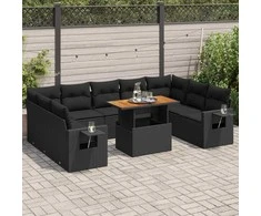 Sofa Sodo komplektas su pagalvėlėmis, 10 dalių, juodas, poliratanas