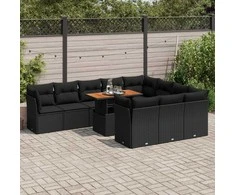 Sofa Sodo komplektas su pagalvėlėmis, 11 dalių, juodas, poliratanas