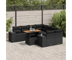 Sofa Sodo komplektas su pagalvėlėmis, 9 dalių, juodas, poliratanas