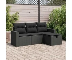 Sofa Sodo komplektas su pagalvėlėmis, 4 dalių, juodas, poliratanas