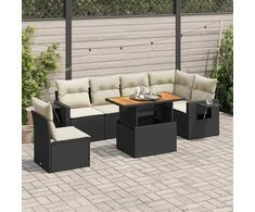 Sofa Sofos komplektas su pagalvėlėmis, 7 dalių, juodas, poliratanas