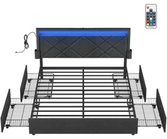 Lova Songmics Dvigulės lovos rėmas 160 x 200 cm su LED ir 4 stalčiais bei įkrovimo stotele