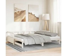 Lova su ištraukiama dalimi ir čiužiniu, balta, 90x200cm, pušis