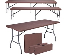 Lauko baldų komplektas Bipohome Ratano rudos spalvos maitinimo rinkinio stalas 180 cm + 2 suolai