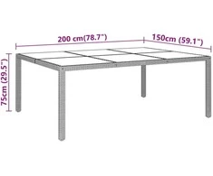 Sodo stalas, pilkas, 200x150x75cm, stiklas/poliratanas