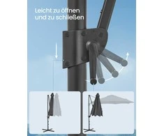 Songmics 300 cm ilgio skėčiai su UPF 50+ apsauga nuo saulės spindulių ir kryžminiu pagrindu, pilkos spalvos