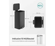 Songmics 40 litrų virtuvės atliekų dėžė su pedalais, juoda