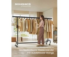 Songmics Drabužių lentyna ant ratukų 45 x (160-200) x 162,9 cm matinė juoda
