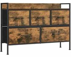 Songmics Komoda su 5 medžiaginiais stalčiais vintage ruda-rožinė juoda