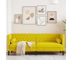Trivietė chesterfield sofa su pagalvėlėmis, geltona, aksomas