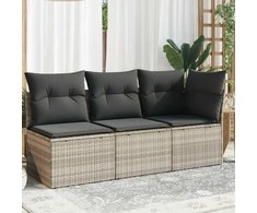 Trivietė sodo sofa su pagalvėlėmis, šviesiai pilka, poliratanas