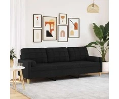 Trivietė sofa su pagalvėlėmis, juodos spalvos, 210cm, audinys