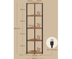 Songmics Vasagle Kampinė lentyna su 5 lygiais ir LED apšvietimu, vintažinė, ruda