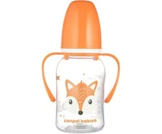 CANPOL 11/823 Standartinis buteliukas su rankenomis 120 ml CUTE ANIMALS oranžinė