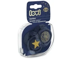 LOVI 22/893 Dinaminis silikoninis čiulptukas 3-6m 2 vnt Stardust mėlynas