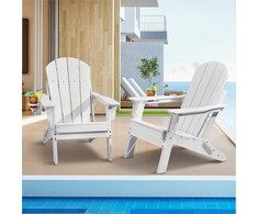 Adirondack plastikinių sulankstomų kėdžių komplektas lauko terasai, sodui ir kiemui, bet kokiam orui pritaikytos ergonomiškos kėdės su puodelių laikikliu, baltos lauko sėdimosios vietos