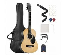 Akustinė gitara pradedantiesiems, natūralios apdailos dreadnought, pilnas komplektas su dėklu, pradedančiųjų akustinė gitara, dreadnought gitara, akustinės gitaros rinkinys