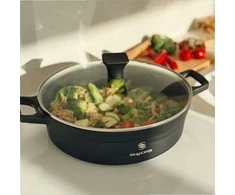 Aliuminė indukcinė keptuvė su neprisvylančia danga, stikliniu dangčiu, saugi naudoti orkaitėje iki 200 °C, 28 cm skersmuo, matinė juoda, indukcinė keptuvė, gili keptuvė kepimui