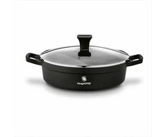Aliuminė indukcinė keptuvė su neprisvylančia danga, stikliniu dangčiu, saugi naudoti orkaitėje iki 200 °C, 28 cm skersmuo, matinė juoda, indukcinė keptuvė, gili keptuvė kepimui