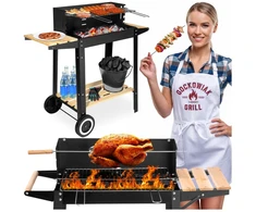 Anglies kepsninė su ratukais, reguliuojamu aukščiu, iešmu, juoda lauko BBQ grilius, šašlykinė, kepimo grotelės