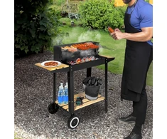Anglies kepsninė su ratukais, reguliuojamu aukščiu, iešmu, juoda lauko BBQ grilius, šašlykinė, kepimo grotelės