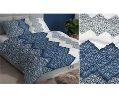 Atlasinės patalynės komplektas, 160x200 cm, tamsiai mėlynos ir baltos spalvos geometrinis raštas, minkšta medvilninė patalynė, patalynės komplektas su užtrauktuku, patogi patalynė, medvilninė patalynė