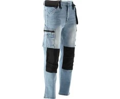 Darbinės kelnės statyboms, tampraus džinso, šviesiai mėlynos spalvos, dydis 2XL, dailidės kelnės, darbo kelnės
