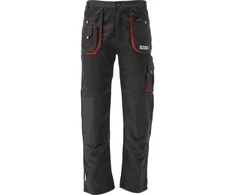 Darbo kelnės, dydis 2XL, devynios kišenės, juodos ir raudonos spalvos, patvari medžiaga