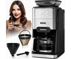 Dripflow Lašinis kavos aparatas su integruotu girnų malūnėliu namams, 1520W, 1.5 l vandens talpa, 24 valandų laikmatis, programuojamas kavos aparatas, automatinis malimas, virtuvės technika